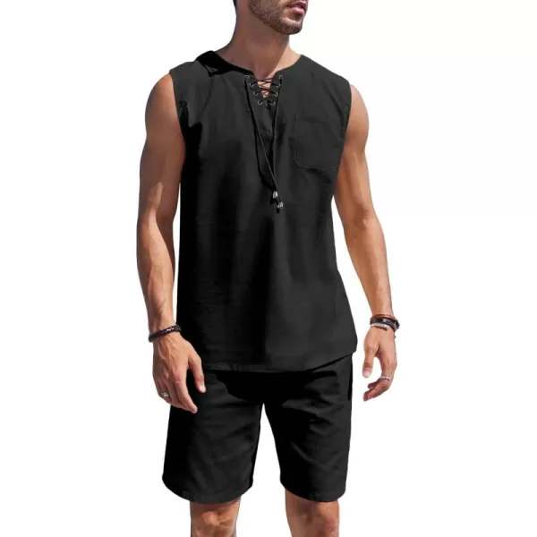 COOFANDY Mens Linen Sets Outfits 2 Piece Beach Drawstring Tank Tops Sleeveless Shirt Matching Shorts Set Hippie Wedding