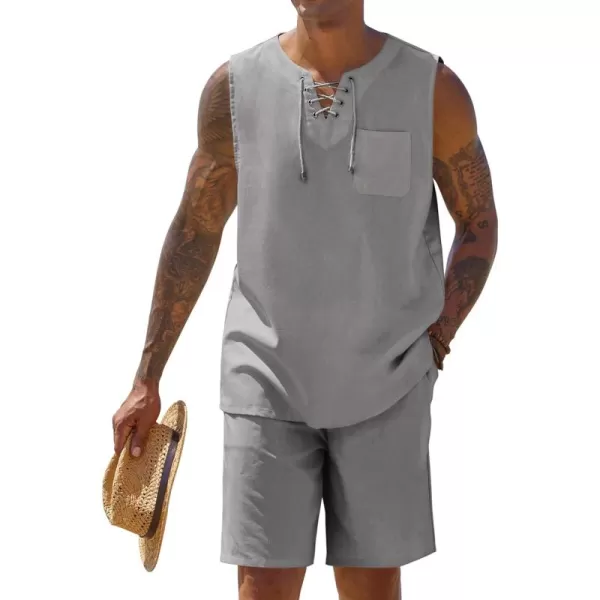 COOFANDY Mens Linen Sets Outfits 2 Piece Beach Drawstring Tank Tops Sleeveless Shirt Matching Shorts Set Hippie Wedding