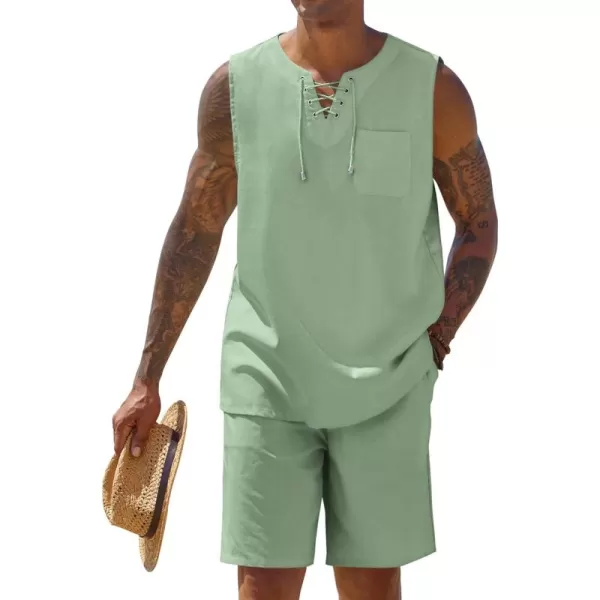 COOFANDY Mens Linen Sets Outfits 2 Piece Beach Drawstring Tank Tops Sleeveless Shirt Matching Shorts Set Hippie Wedding