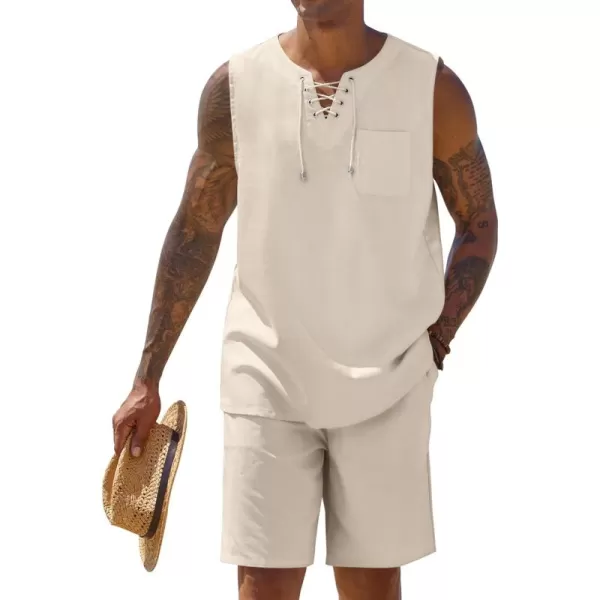 COOFANDY Mens Linen Sets Outfits 2 Piece Beach Drawstring Tank Tops Sleeveless Shirt Matching Shorts Set Hippie Wedding