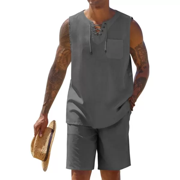 COOFANDY Mens Linen Sets Outfits 2 Piece Beach Drawstring Tank Tops Sleeveless Shirt Matching Shorts Set Hippie Wedding