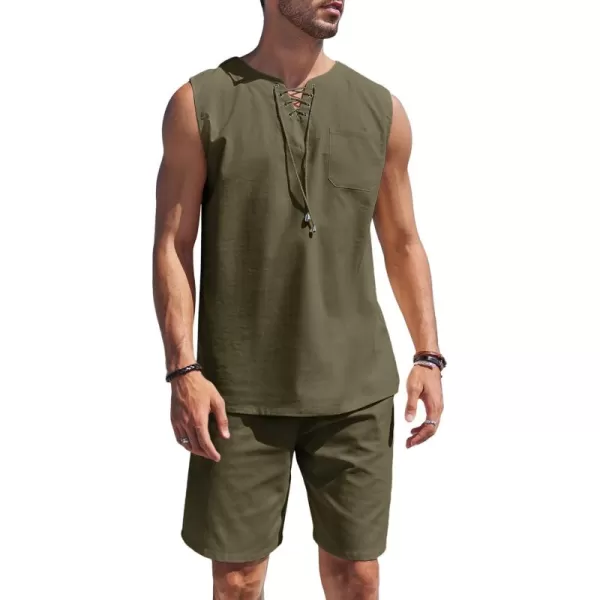 COOFANDY Mens Linen Sets Outfits 2 Piece Beach Drawstring Tank Tops Sleeveless Shirt Matching Shorts Set Hippie Wedding
