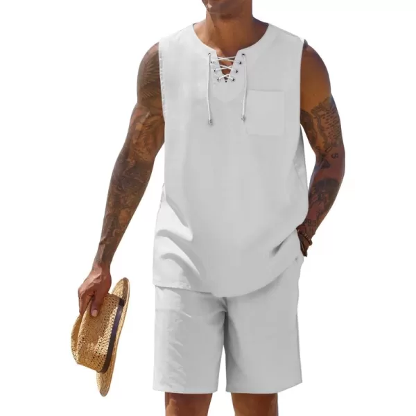 COOFANDY Mens Linen Sets Outfits 2 Piece Beach Drawstring Tank Tops Sleeveless Shirt Matching Shorts Set Hippie Wedding