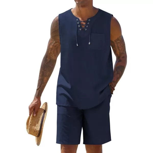 COOFANDY Mens Linen Sets Outfits 2 Piece Beach Drawstring Tank Tops Sleeveless Shirt Matching Shorts Set Hippie Wedding
