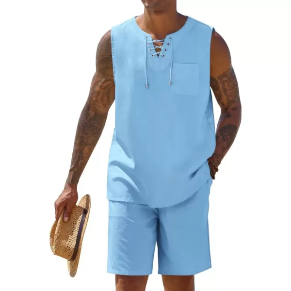 COOFANDY Mens Linen Sets Outfits 2 Piece Beach Drawstring Tank Tops Sleeveless Shirt Matching Shorts Set Hippie Wedding
