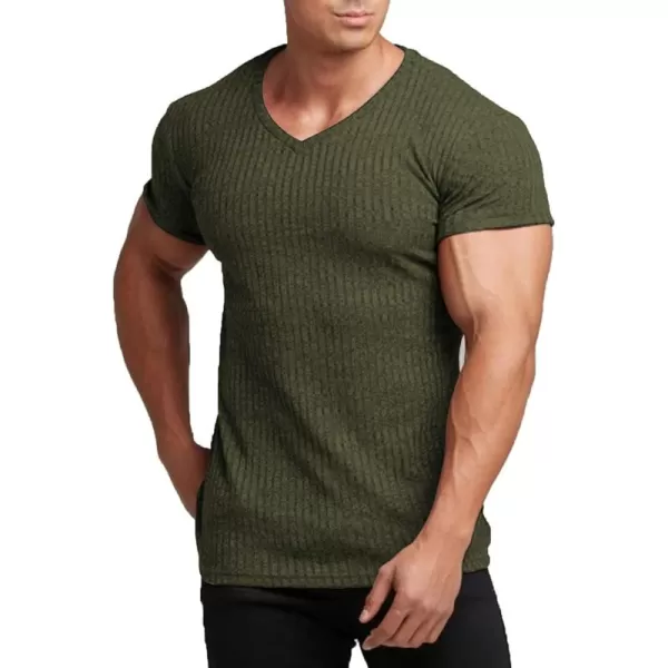 COOFANDY Men's Muscle T Shirts Stretch Short Sleeve V Neck Bodybuilding Workout Tee Shirts Ribbed Knit Shirt