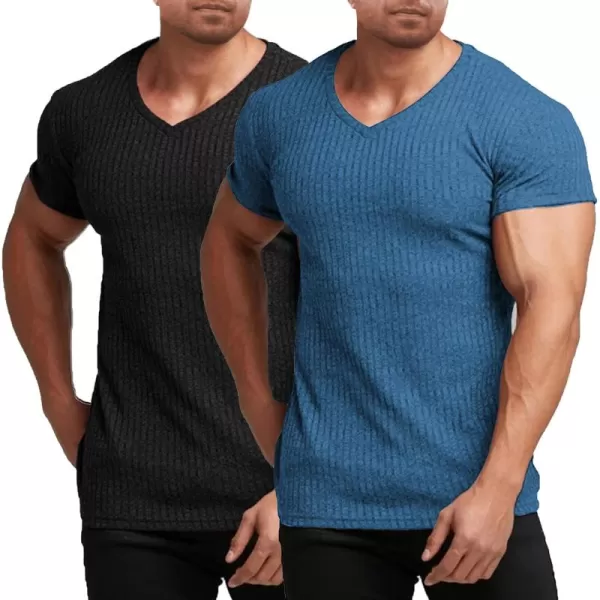 COOFANDY Men's Muscle T Shirts Stretch Short Sleeve V Neck Bodybuilding Workout Tee Shirts Ribbed Knit Shirt