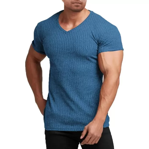 COOFANDY Men's Muscle T Shirts Stretch Short Sleeve V Neck Bodybuilding Workout Tee Shirts Ribbed Knit Shirt