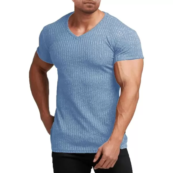 COOFANDY Men's Muscle T Shirts Stretch Short Sleeve V Neck Bodybuilding Workout Tee Shirts Ribbed Knit Shirt