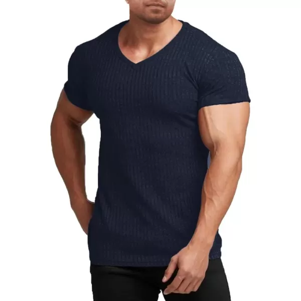 COOFANDY Men's Muscle T Shirts Stretch Short Sleeve V Neck Bodybuilding Workout Tee Shirts Ribbed Knit Shirt