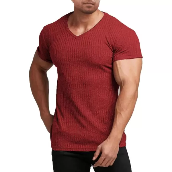 COOFANDY Men's Muscle T Shirts Stretch Short Sleeve V Neck Bodybuilding Workout Tee Shirts Ribbed Knit Shirt