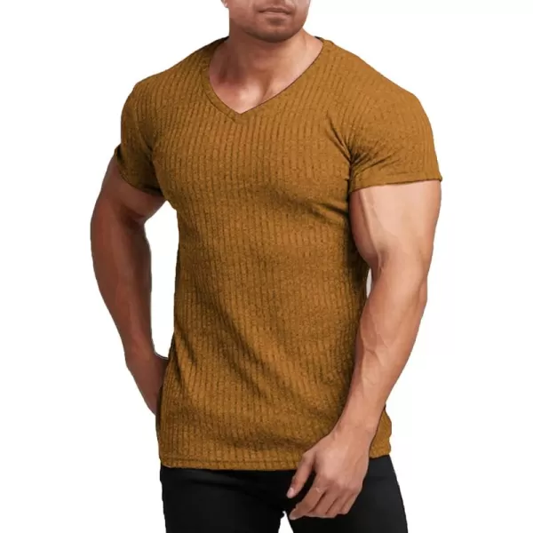 COOFANDY Men's Muscle T Shirts Stretch Short Sleeve V Neck Bodybuilding Workout Tee Shirts Ribbed Knit Shirt
