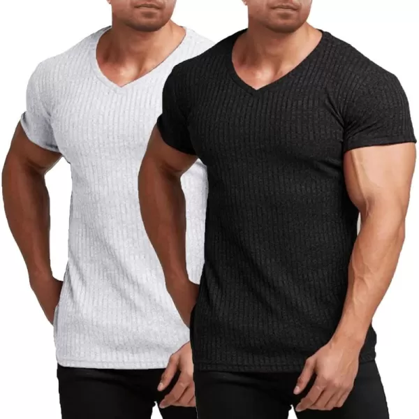 COOFANDY Men's Muscle T Shirts Stretch Short Sleeve V Neck Bodybuilding Workout Tee Shirts Ribbed Knit Shirt