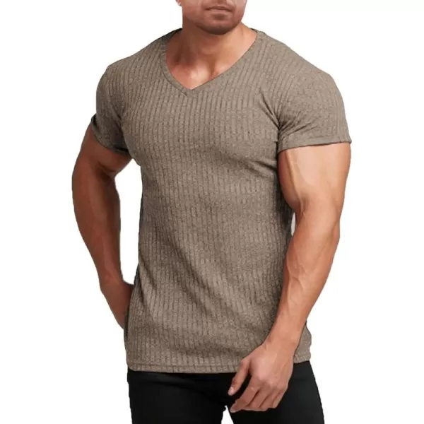 COOFANDY Men's Muscle T Shirts Stretch Short Sleeve V Neck Bodybuilding Workout Tee Shirts Ribbed Knit Shirt