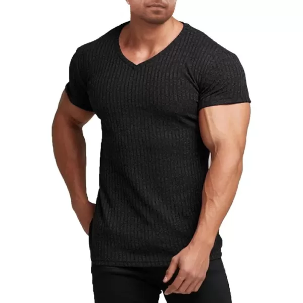 COOFANDY Men's Muscle T Shirts Stretch Short Sleeve V Neck Bodybuilding Workout Tee Shirts Ribbed Knit Shirt