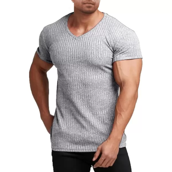 COOFANDY Men's Muscle T Shirts Stretch Short Sleeve V Neck Bodybuilding Workout Tee Shirts Ribbed Knit Shirt