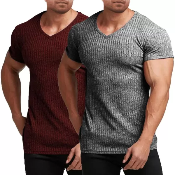 COOFANDY Men's Muscle T Shirts Stretch Short Sleeve V Neck Bodybuilding Workout Tee Shirts Ribbed Knit Shirt
