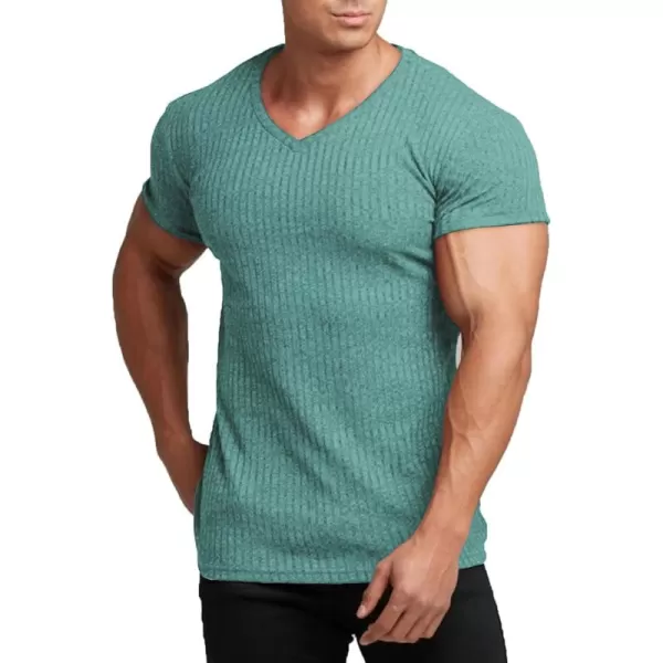 COOFANDY Men's Muscle T Shirts Stretch Short Sleeve V Neck Bodybuilding Workout Tee Shirts Ribbed Knit Shirt