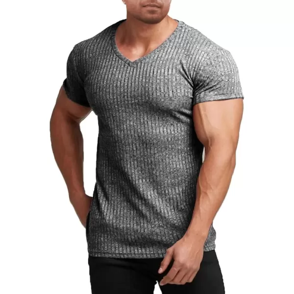 COOFANDY Men's Muscle T Shirts Stretch Short Sleeve V Neck Bodybuilding Workout Tee Shirts Ribbed Knit Shirt
