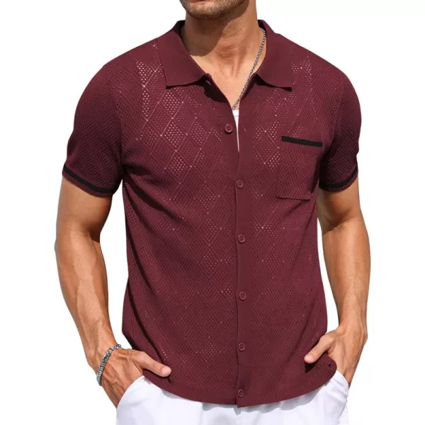COOFANDY Men's Short Sleeve Knit Shirts Vintage Button Down Polo Shirt Casual Beach Tops
