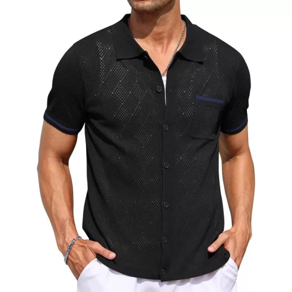 COOFANDY Men's Short Sleeve Knit Shirts Vintage Button Down Polo Shirt Casual Beach Tops