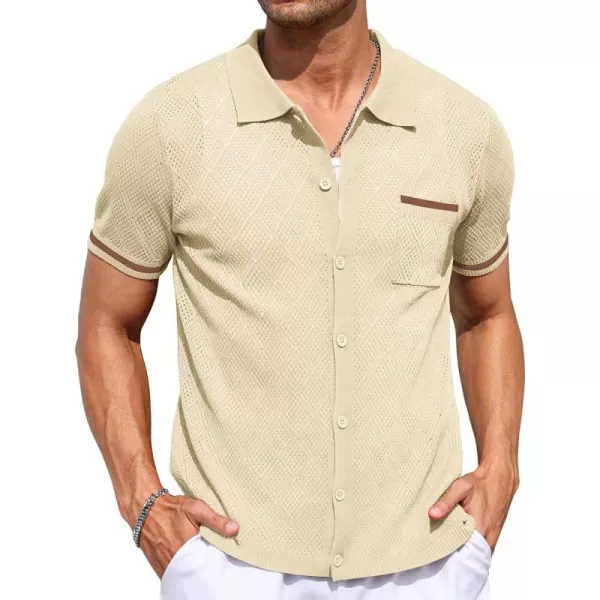 COOFANDY Men's Short Sleeve Knit Shirts Vintage Button Down Polo Shirt Casual Beach Tops