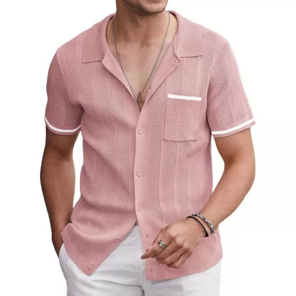 COOFANDY Men's Short Sleeve Knit Shirts Vintage Button Down Polo Shirt Casual Beach Tops