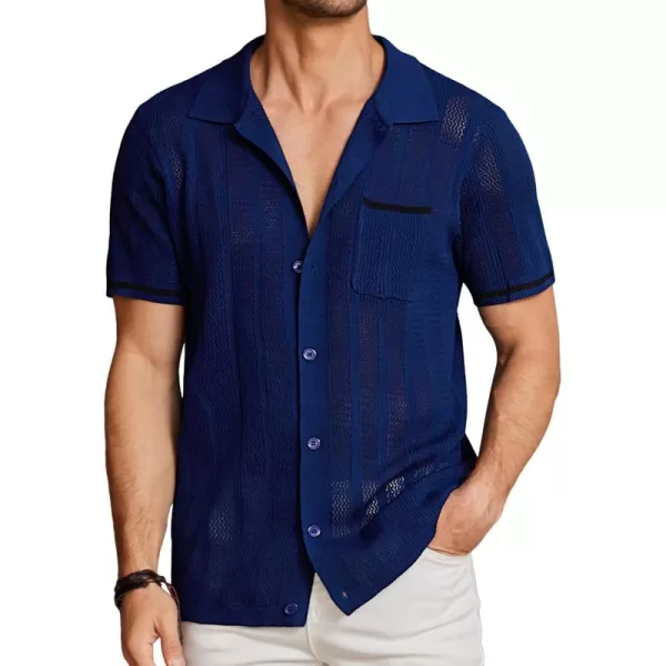 COOFANDY Men's Short Sleeve Knit Shirts Vintage Button Down Polo Shirt Casual Beach Tops