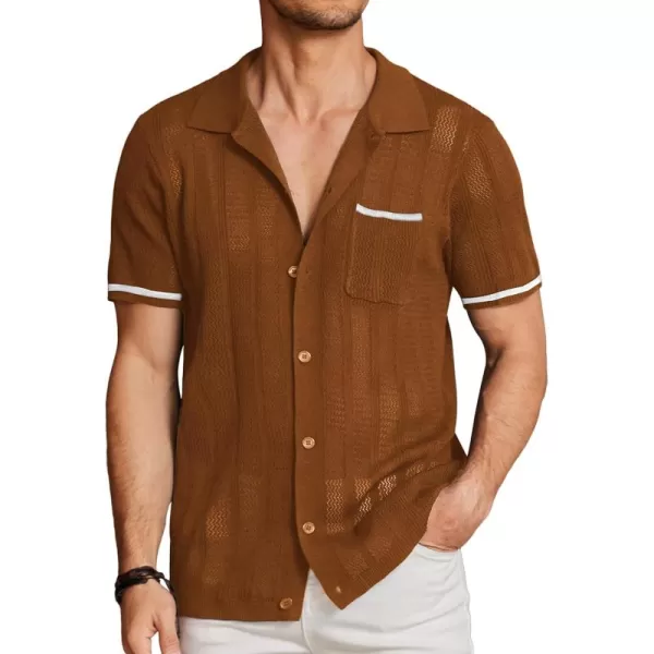 COOFANDY Men's Short Sleeve Knit Shirts Vintage Button Down Polo Shirt Casual Beach Tops