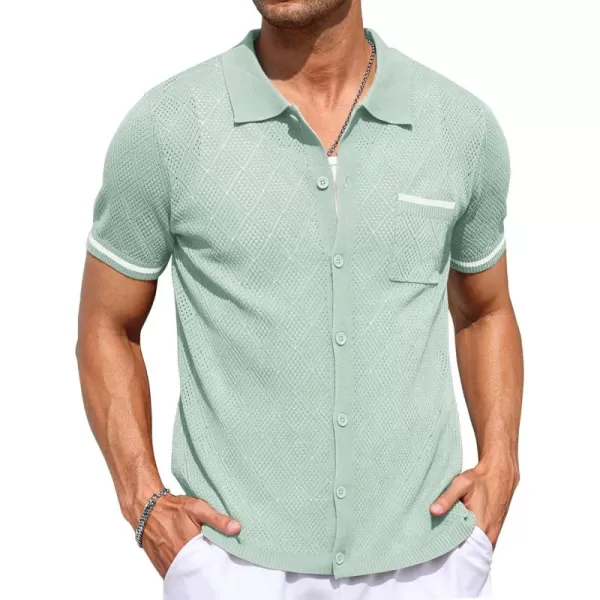 COOFANDY Men's Short Sleeve Knit Shirts Vintage Button Down Polo Shirt Casual Beach Tops