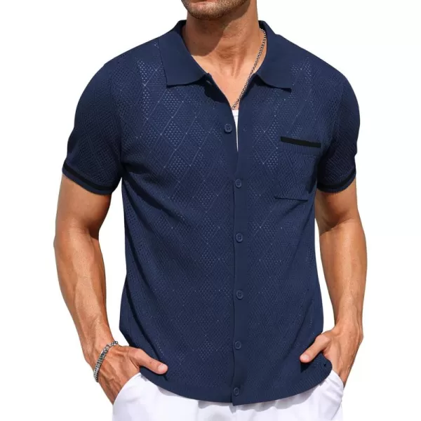 COOFANDY Men's Short Sleeve Knit Shirts Vintage Button Down Polo Shirt Casual Beach Tops