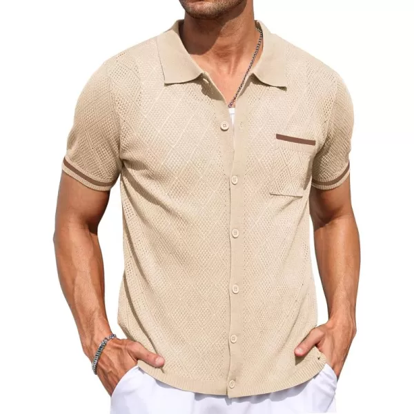 COOFANDY Men's Short Sleeve Knit Shirts Vintage Button Down Polo Shirt Casual Beach Tops