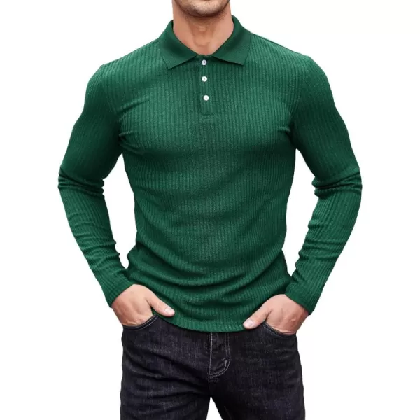 COOFANDY Men's Stretch Muscle Tshirts Long Sleeve Knit Tees Casual Slim Fit Polo Shirts
