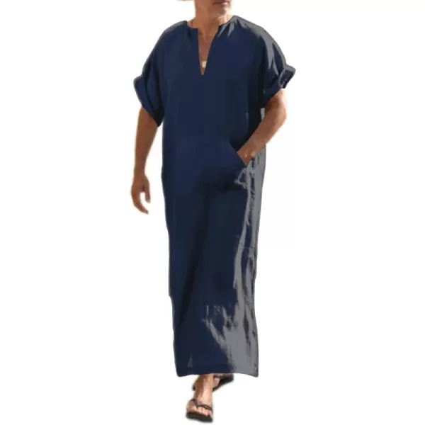COOFANDY Men's V-Neck Linen Robe Short Sleeve Kaftan Thobe Long Gown Casual Shirt for Beach, Summer