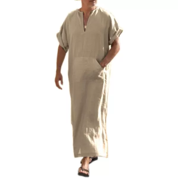 COOFANDY Men's V-Neck Linen Robe Short Sleeve Kaftan Thobe Long Gown Casual Shirt for Beach, Summer