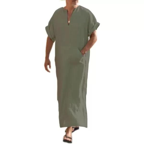 COOFANDY Men's V-Neck Linen Robe Short Sleeve Kaftan Thobe Long Gown Casual Shirt for Beach, Summer