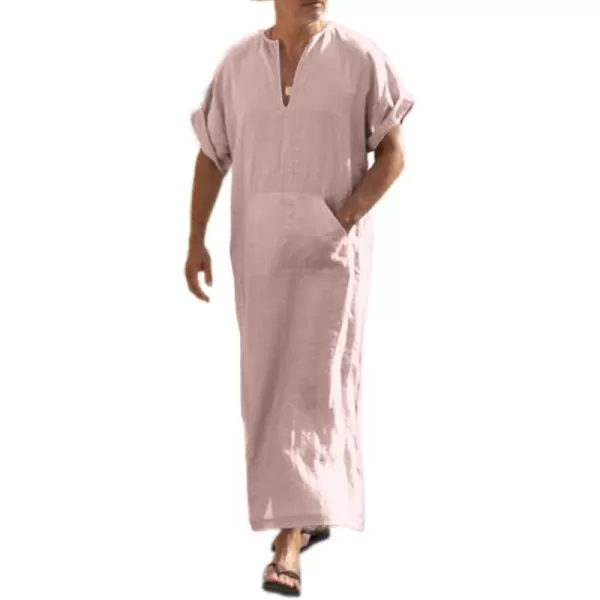 COOFANDY Men's V-Neck Linen Robe Short Sleeve Kaftan Thobe Long Gown Casual Shirt for Beach, Summer