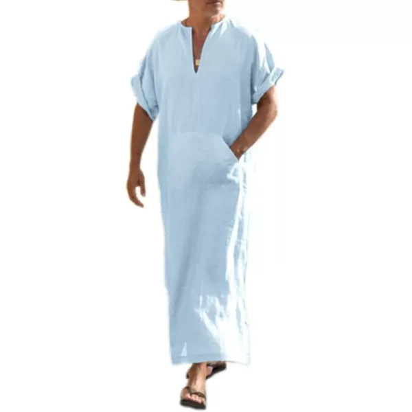 COOFANDY Men's V-Neck Linen Robe Short Sleeve Kaftan Thobe Long Gown Casual Shirt for Beach, Summer
