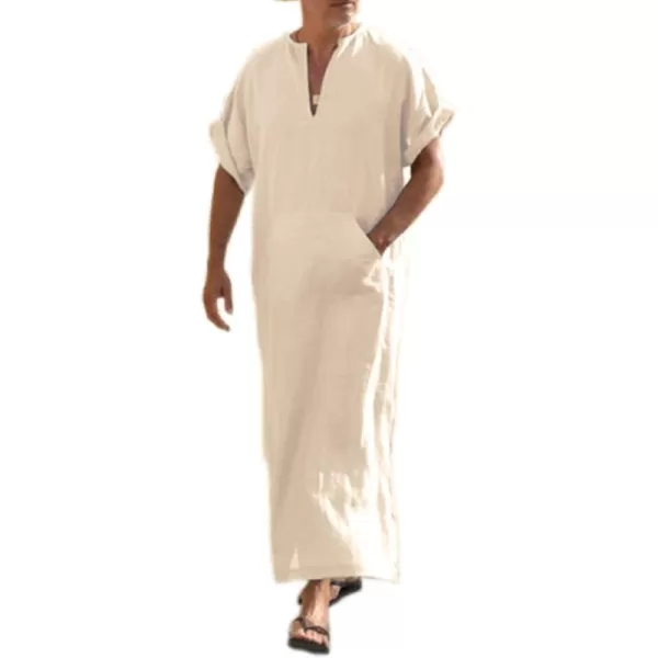 COOFANDY Men's V-Neck Linen Robe Short Sleeve Kaftan Thobe Long Gown Casual Shirt for Beach, Summer