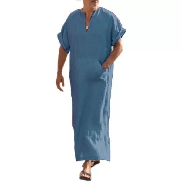 COOFANDY Men's V-Neck Linen Robe Short Sleeve Kaftan Thobe Long Gown Casual Shirt for Beach, Summer