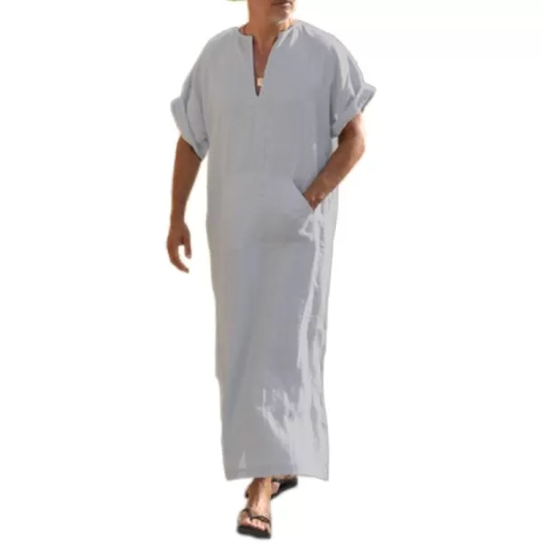 COOFANDY Men's V-Neck Linen Robe Short Sleeve Kaftan Thobe Long Gown Casual Shirt for Beach, Summer