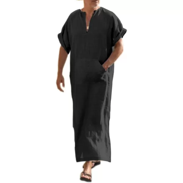 COOFANDY Men's V-Neck Linen Robe Short Sleeve Kaftan Thobe Long Gown Casual Shirt for Beach, Summer