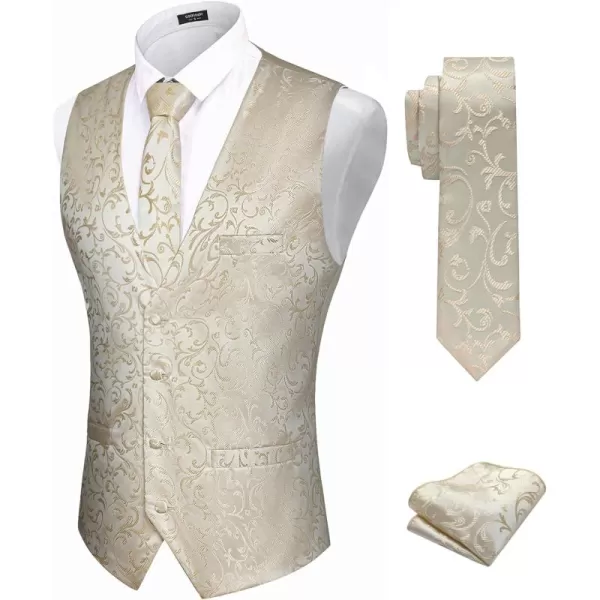 COOFANDY Men's Vest Tie Set 3PC Paisley Floral Jacquard Waistcoat and Necktie Pocket Square Vests for Suit Tuxedo Wedding