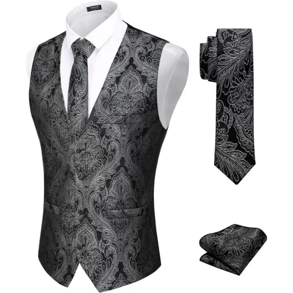 COOFANDY Men's Vest Tie Set 3PC Paisley Floral Jacquard Waistcoat and Necktie Pocket Square Vests for Suit Tuxedo Wedding