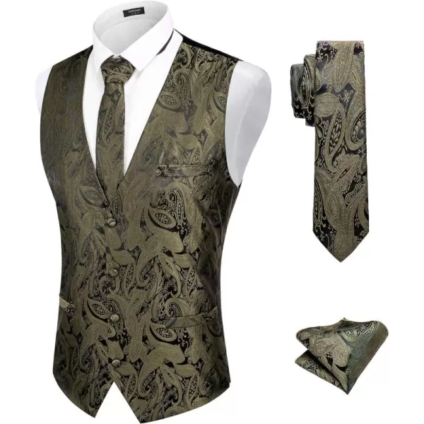COOFANDY Men's Vest Tie Set 3PC Paisley Floral Jacquard Waistcoat and Necktie Pocket Square Vests for Suit Tuxedo Wedding
