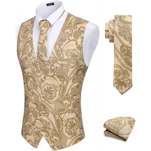 COOFANDY Men's Vest Tie Set 3PC Paisley Floral Jacquard Waistcoat and Necktie Pocket Square Vests for Suit Tuxedo Wedding