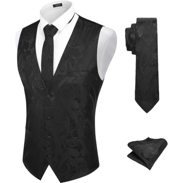 COOFANDY Men's Vest Tie Set 3PC Paisley Floral Jacquard Waistcoat and Necktie Pocket Square Vests for Suit Tuxedo Wedding