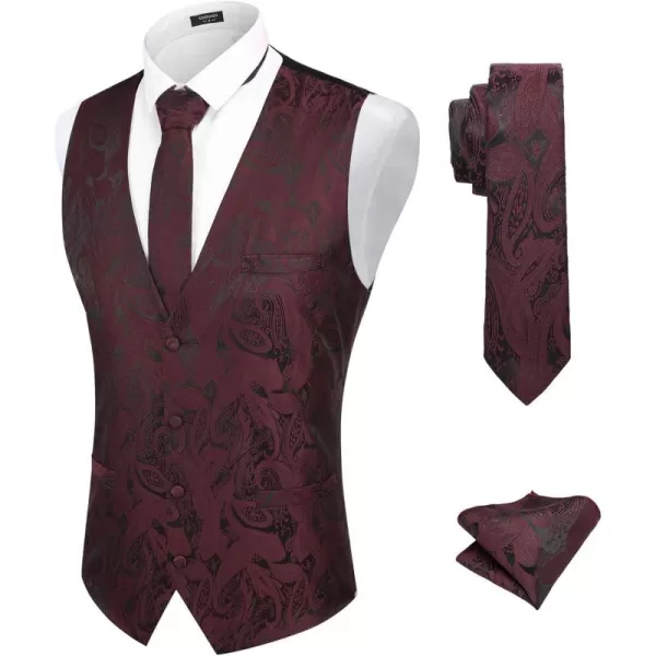 COOFANDY Men's Vest Tie Set 3PC Paisley Floral Jacquard Waistcoat and Necktie Pocket Square Vests for Suit Tuxedo Wedding