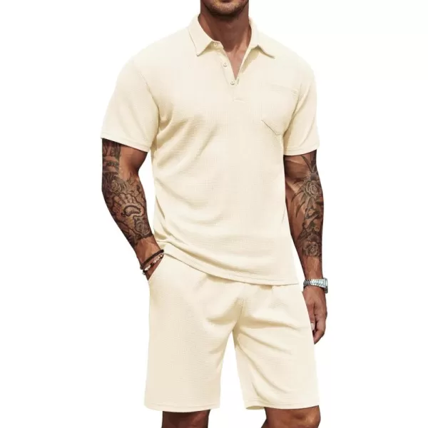 COOFANDY Men's Waffle Knit Polo Shirt and Shorts Set 2 Pieces Outfits Summer Suit Casual Tracksuit with Pockets