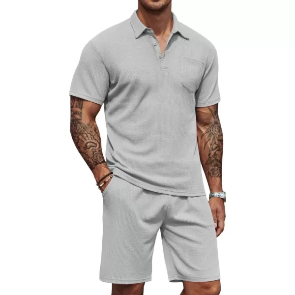 COOFANDY Men's Waffle Knit Polo Shirt and Shorts Set 2 Pieces Outfits Summer Suit Casual Tracksuit with Pockets